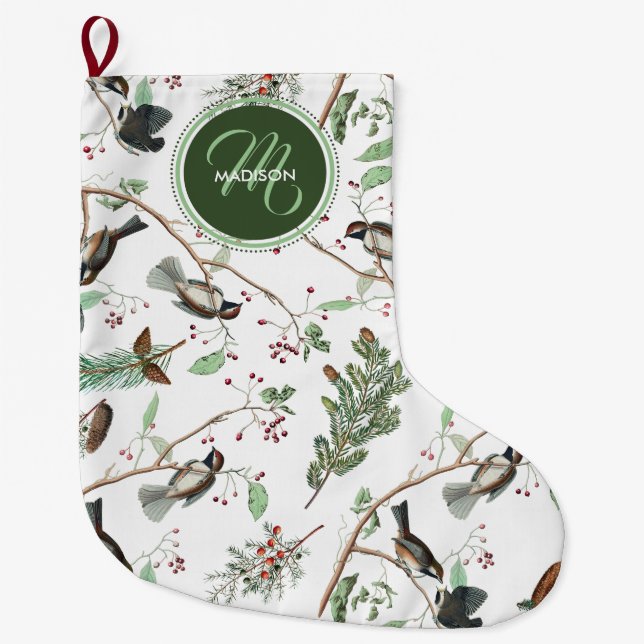Chickadee Birds Berries & Pinecones Monogrammed Stor Julstrumpa (Framsidan)