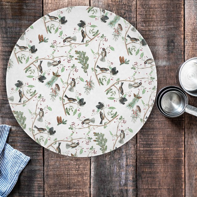 Chickadee Birds Berries & Pinecones Watercolor (Chickadee Birds Berries & Pinecones Watercolor Cutting Board)