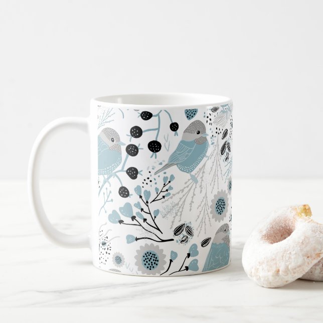 Chickadee Birds Cute Blue Grått Flowers Berries Kaffemugg (Med munk)