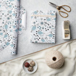 Chickadee Birds Cute Blue Grått Flowers Berries Presentpapper