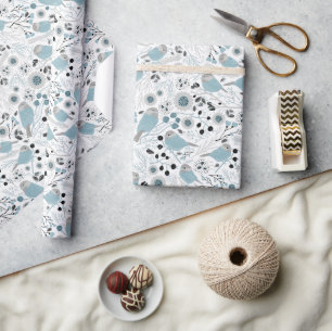 Chickadee Birds Cute Blue Grått Flowers Berries Presentpapper