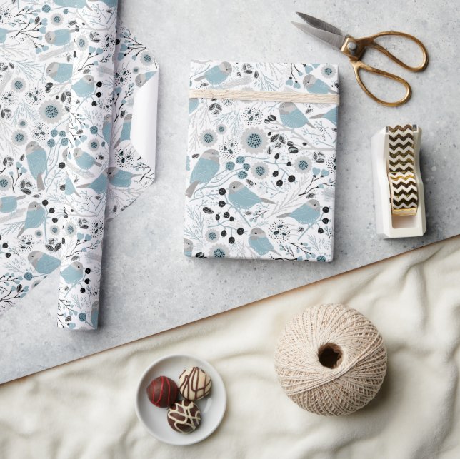 Chickadee Birds Cute Blue Grått Flowers Berries Presentpapper (Hantverk)