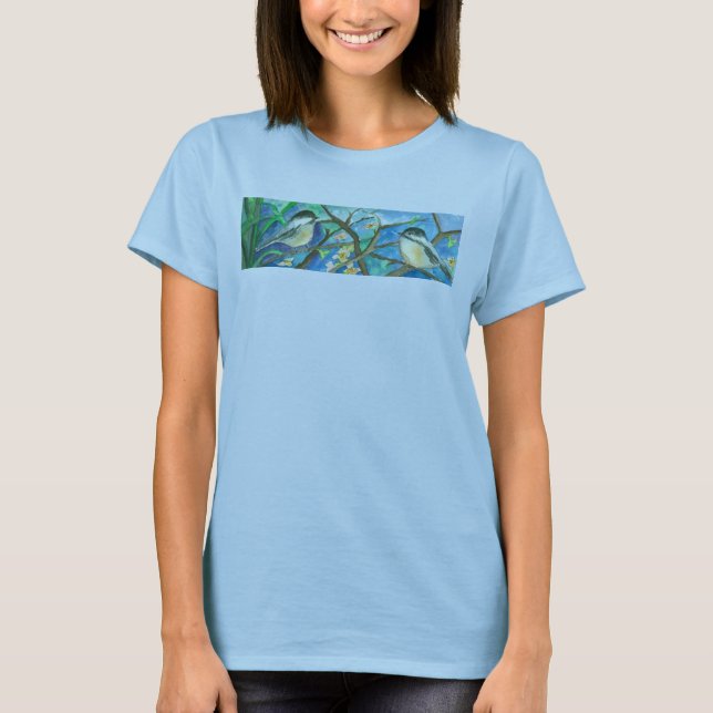Chickadee Birds in Träd Watercolor Painting Tee Shirt (Framsida)