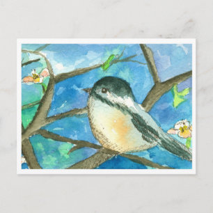 Chickadee Birds Rosa Flowers Watercolor Painting Vykort