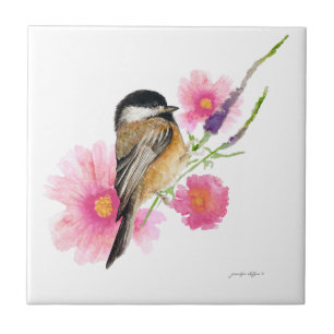 Chickadee Black Capped Flowers Watercolor Art Kakelplatta