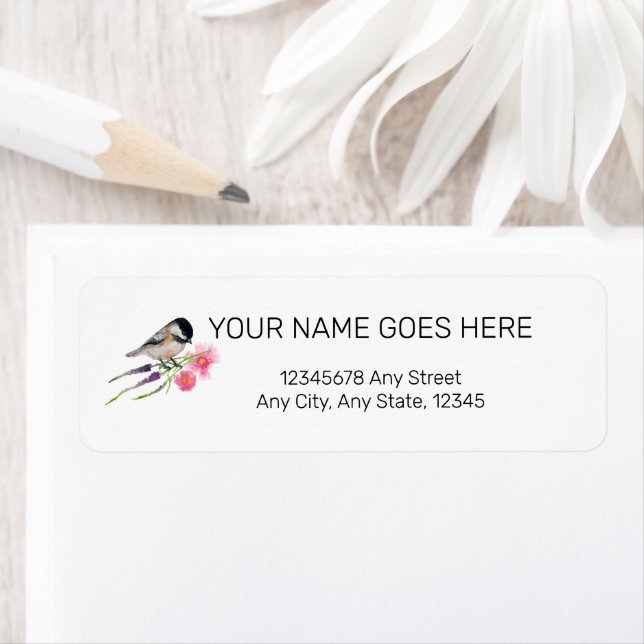 Chickadee Black Caps Art Returadress Etikett (Insitu)