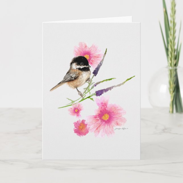 Chickadee Black Caps Watercolor Art Kort (Framsida)
