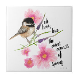 Chickadee Black Caps Watercolor Vår Say Kakelplatta