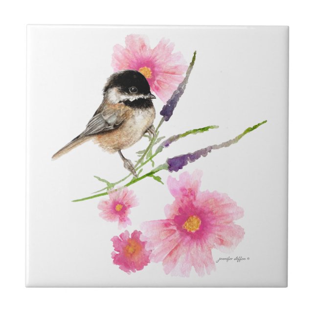 Chickadee Black Ccap Cute Watercolor Art Kakelplatta (Framsidan)