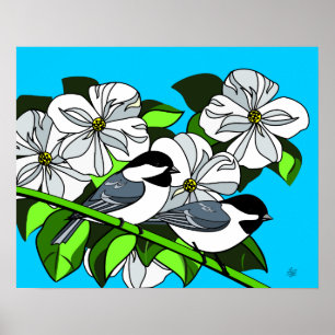 Chickadee Bland Dogwood Flowers Poster