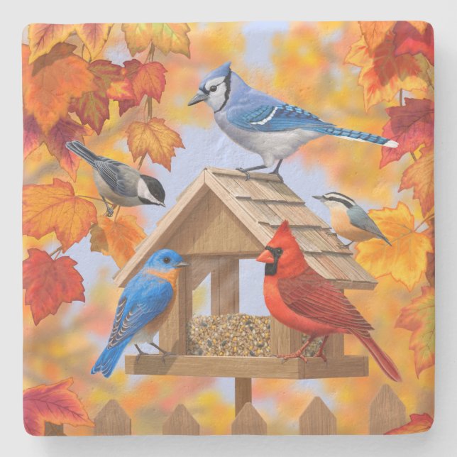 Chickadee Bluebird Cardinal Blue Jay Höst löv Stenunderlägg (Framsidan)