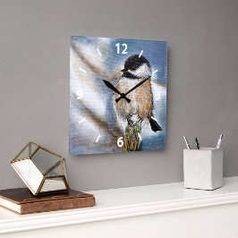 Chickadee Cute Winter Painting Fyrkantig Klocka