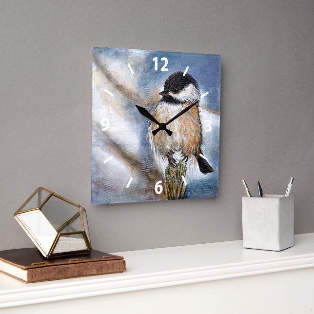 Chickadee Cute Winter Painting Fyrkantig Klocka (Chickadee Cute Winter Painting Square Wall Clock from Jenn's Emporium. )