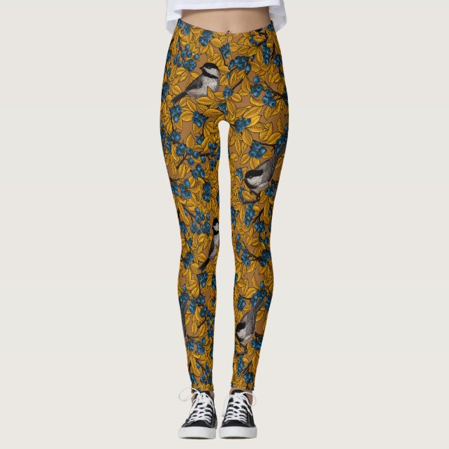 Chickadee-fåglar på blåbär grenar leggings (Framsida)