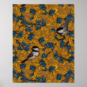 Chickadee-fåglar på blåbär grenar poster