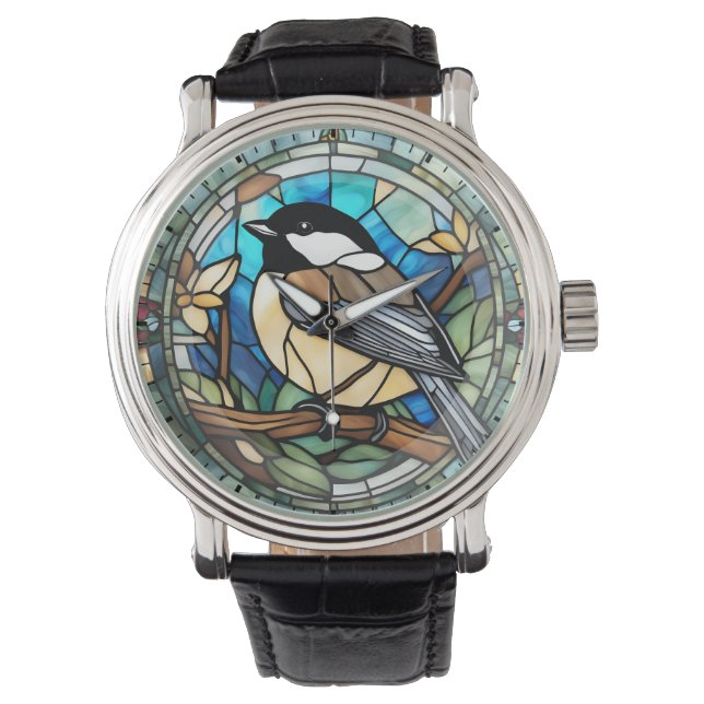 Chickadee Faux-målat glas, Underbar Tit Bird Clock Armbandsur (Framsida)