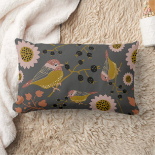 Chickadee Guld Rosa Black Berries Flowers Mönster Lumbarkudde