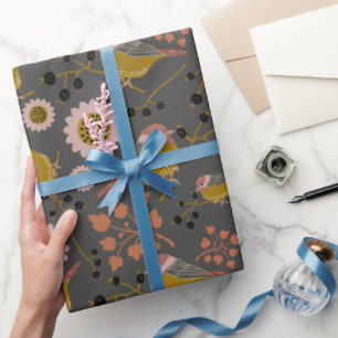 Chickadee Guld Rosa Black Berries Flowers Mönster Presentpapper