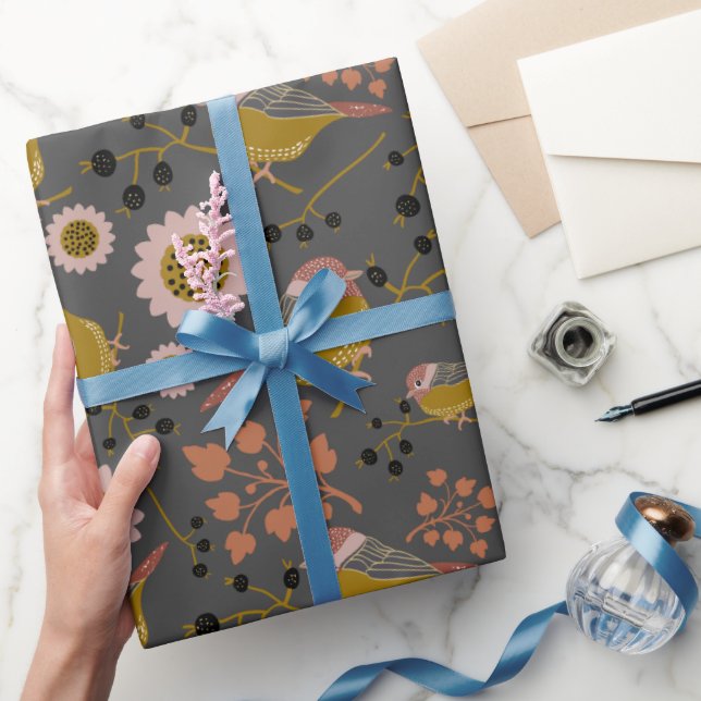 Chickadee Guld Rosa Black Berries Flowers Mönster Presentpapper (Gifting)