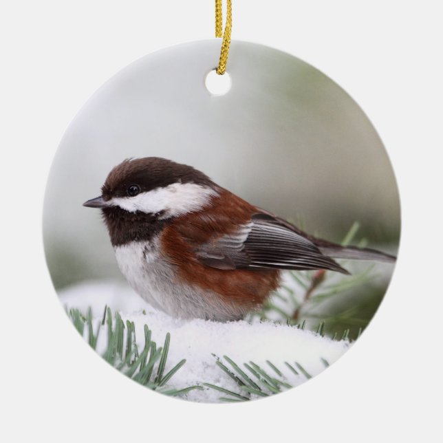 Chickadee i snön julgransprydnad keramik (Framsidan)