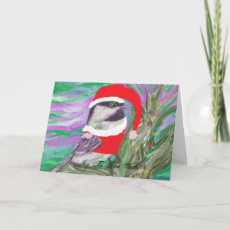 Chickadee klädd som tomten i träd helgkort