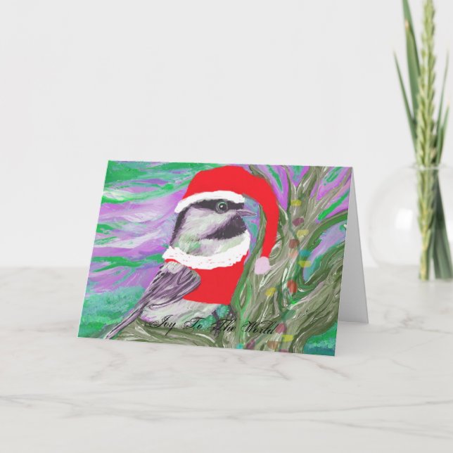 Chickadee klädd som tomten i träd helgkort (Framsida)
