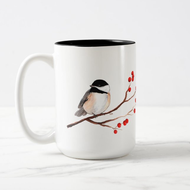 Chickadee med röda bär - singelgren Två-Tonad mugg (Vänster)