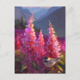 Chickadee on Alaska Wildblommor med berg Vykort