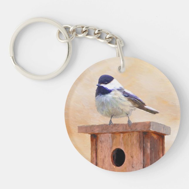 Chickadee on Birdhouse Painting Original Bird Art (Framsidan)