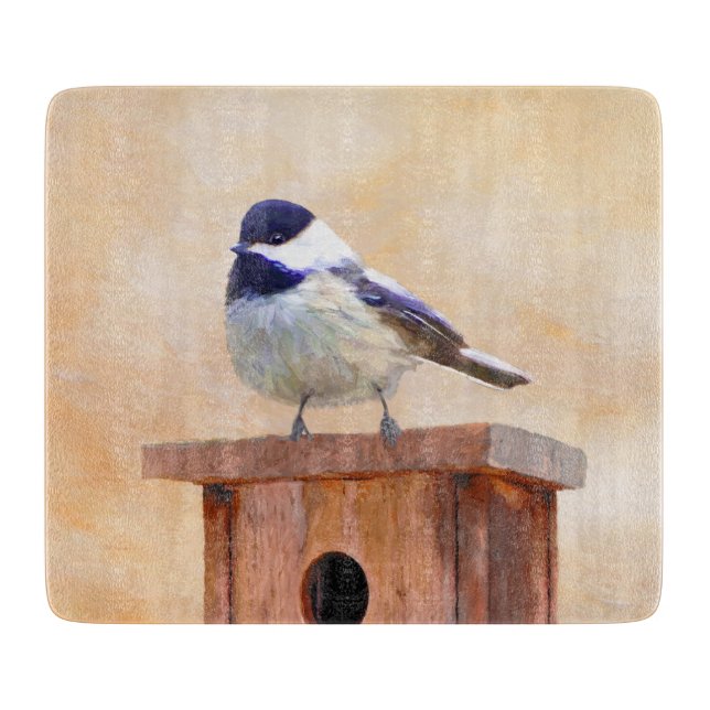 Chickadee on Birdhouse Painting Original Bird Art (Framsidan)