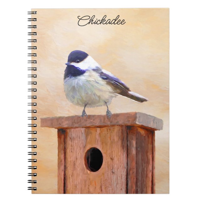 Chickadee on Birdhouse Painting Original Bird Art Anteckningsbok (Framsidan)