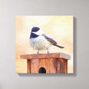 Chickadee on Birdhouse Painting Original Bird Art Canvastryck