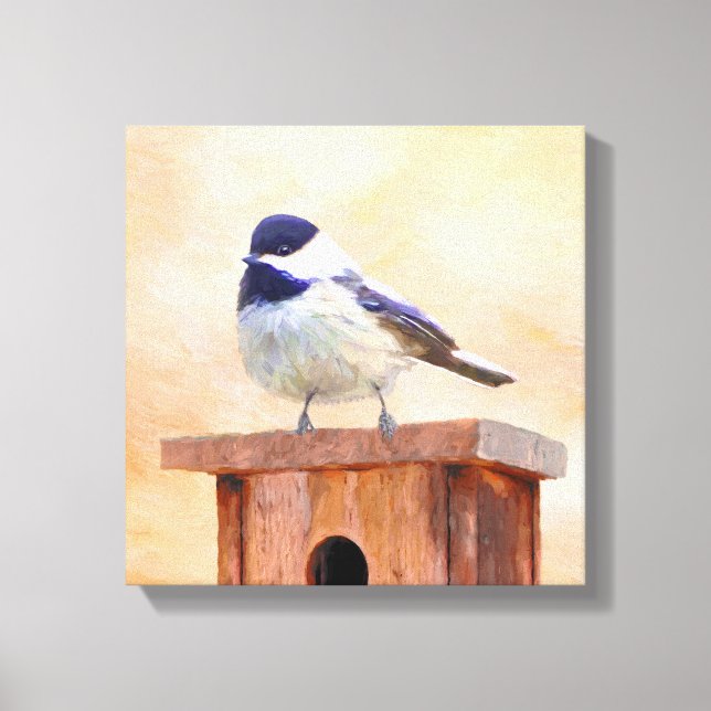 Chickadee on Birdhouse Painting Original Bird Art Canvastryck (Framsida)