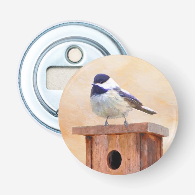 Chickadee on Birdhouse Painting Original Bird Art Flasköppnare (Framsidan)