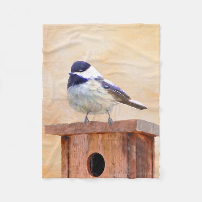 Chickadee on Birdhouse Painting Original Bird Art Fleecefilt (Framsidan)