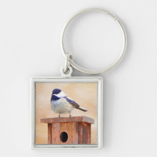 Chickadee on Birdhouse Painting Original Bird Art Fyrkantig Silverfärgad Nyckelring