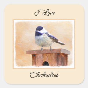 Chickadee on Birdhouse Painting Original Bird Art Fyrkantigt Klistermärke