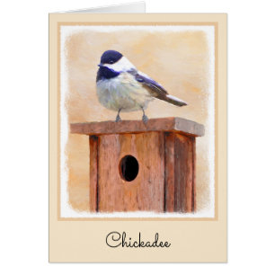 Chickadee on Birdhouse Painting Original Bird Art Hälsningskort