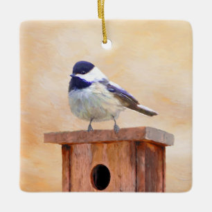 Chickadee on Birdhouse Painting Original Bird Art Julgransprydnad Keramik