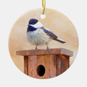 Chickadee on Birdhouse Painting Original Bird Art Julgransprydnad Keramik