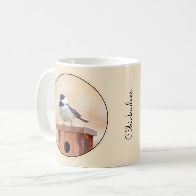 Chickadee on Birdhouse Painting Original Bird Art Kaffemugg (Framsida vänster)