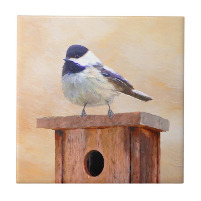Chickadee on Birdhouse Painting Original Bird Art Kakelplatta (Framsidan)