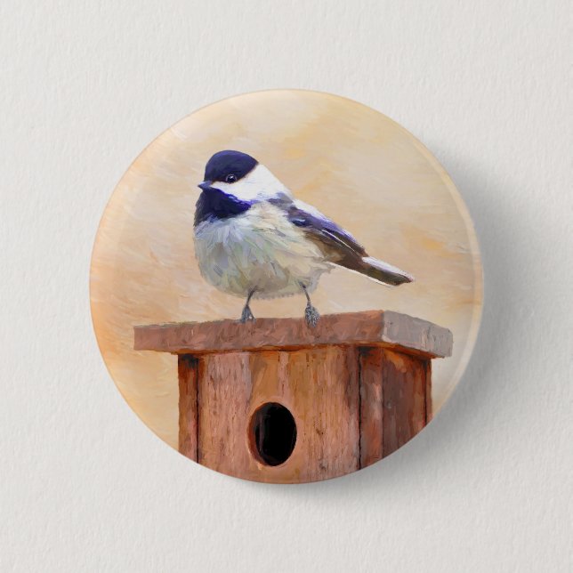 Chickadee on Birdhouse Painting Original Bird Art Knapp (Framsida)