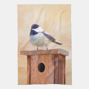 Chickadee on Birdhouse Painting Original Bird Art Kökshandduk
