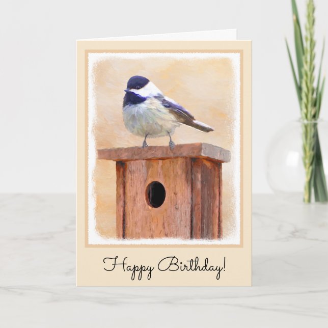 Chickadee on Birdhouse Painting Original Bird Art Kort (Framsida)