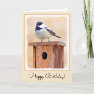 Chickadee on Birdhouse Painting Original Bird Art Kort