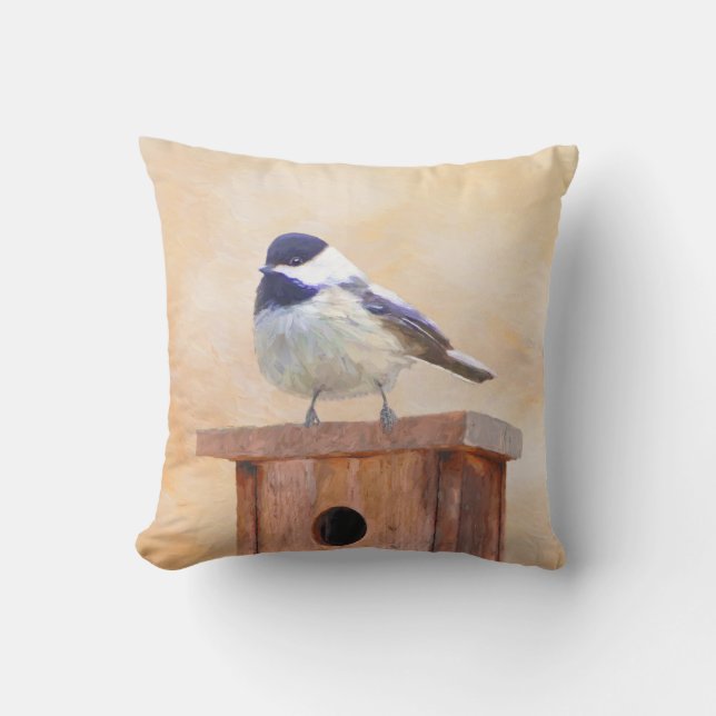 Chickadee on Birdhouse Painting Original Bird Art Kudde (Framsida)