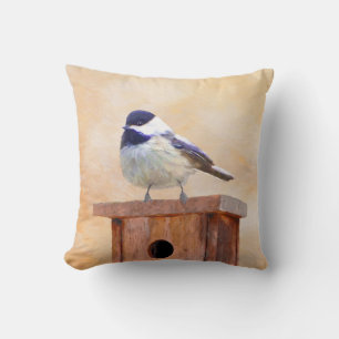 Chickadee on Birdhouse Painting Original Bird Art Kudde