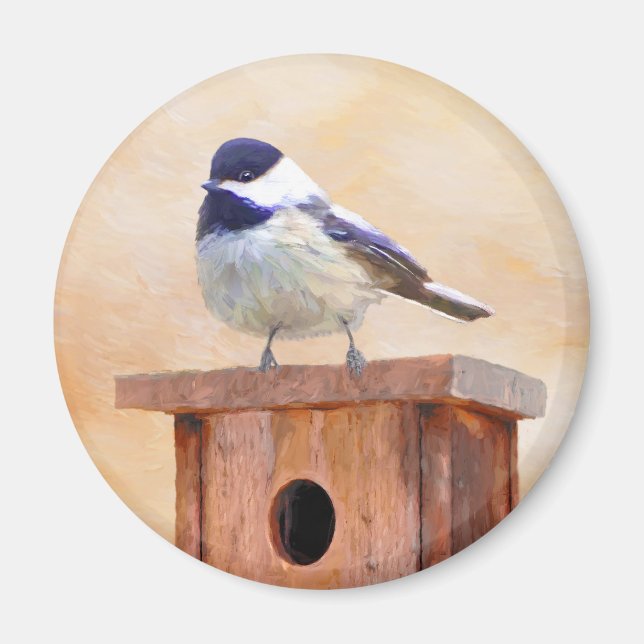 Chickadee on Birdhouse Painting Original Bird Art Magnet (Framsidan)
