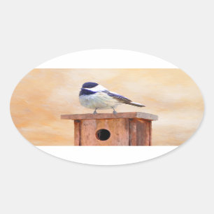 Chickadee on Birdhouse Painting Original Bird Art Ovalt Klistermärke